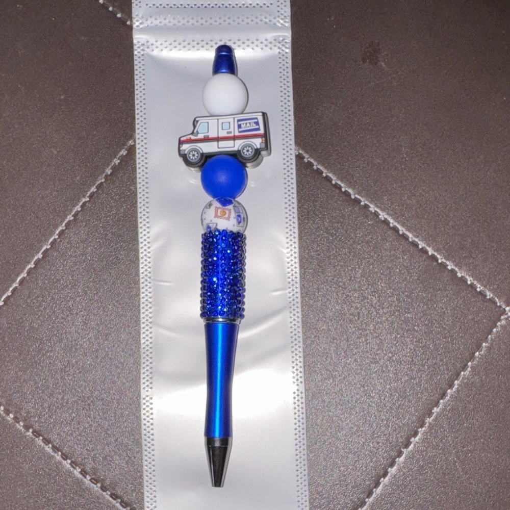 Blue and White Beaded Pen with Mail Truck Design, NEW